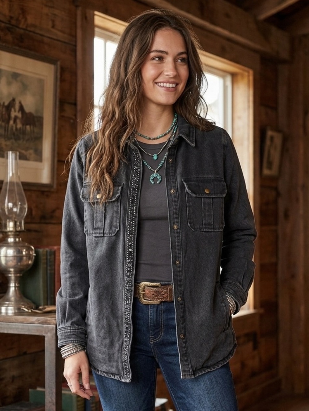 $215 Maison 123 | Embellished Denim Shacket in Washed Black S western Nashville